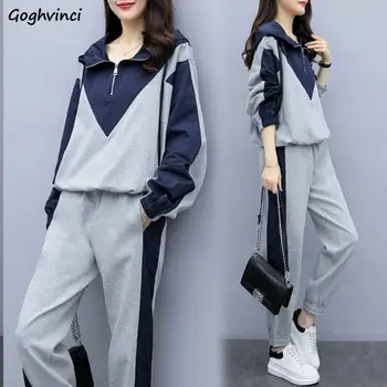 

Sets Women Chic Korean Leisure Breathable Soft Spring Fashion Femme Workout Outfits Plus Size 4XL Patchwork Hooded Top Trouser