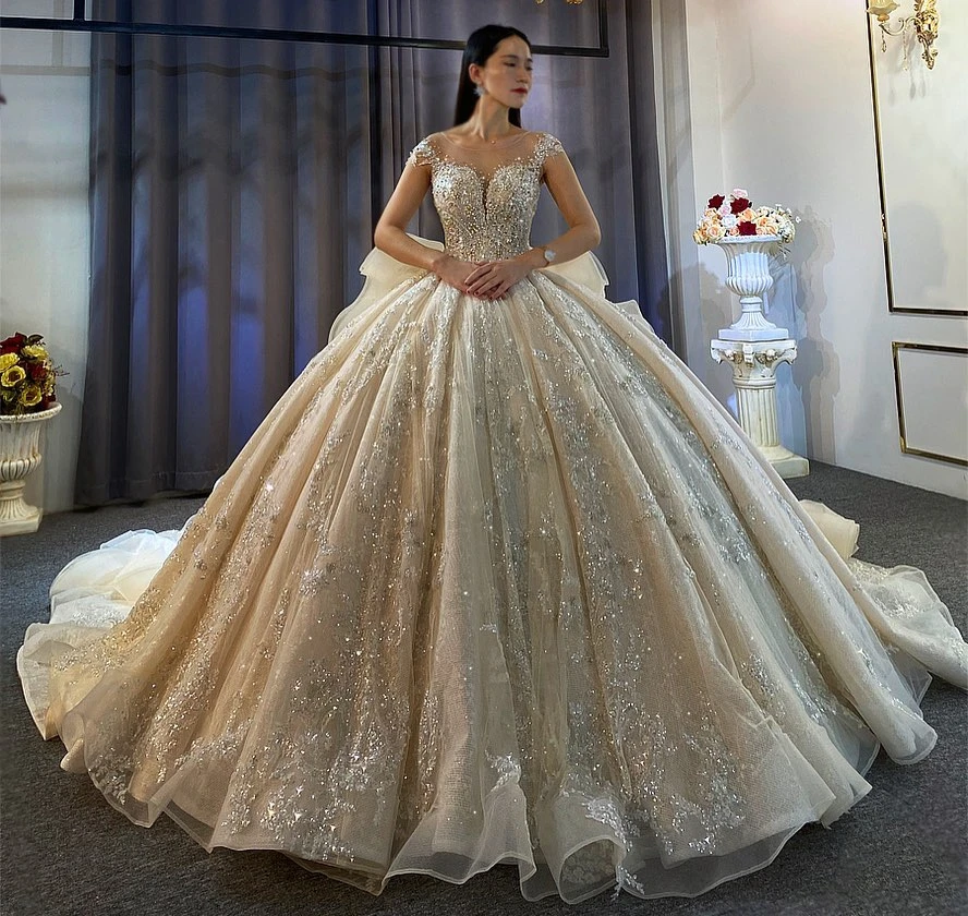 Sparkling Crystal Beaded Wedding Dresses With Long Flouncing Train Ball Gown Church Bridal Wedding Party Gown In Dubai 3
