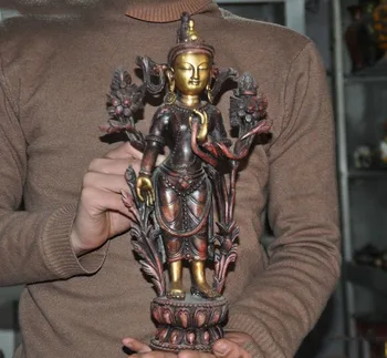 

wedding decoration 13"Tibet Buddhism bronze 24K gold stand Tara Kwan-yin Guanyin Bodhisattva Statue new Year