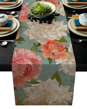 

Retro Peony Flowers Summer Pink Rustic Table Runner Home Dining Room Decor Table Cloth Wedding Christmas Party Table Runners
