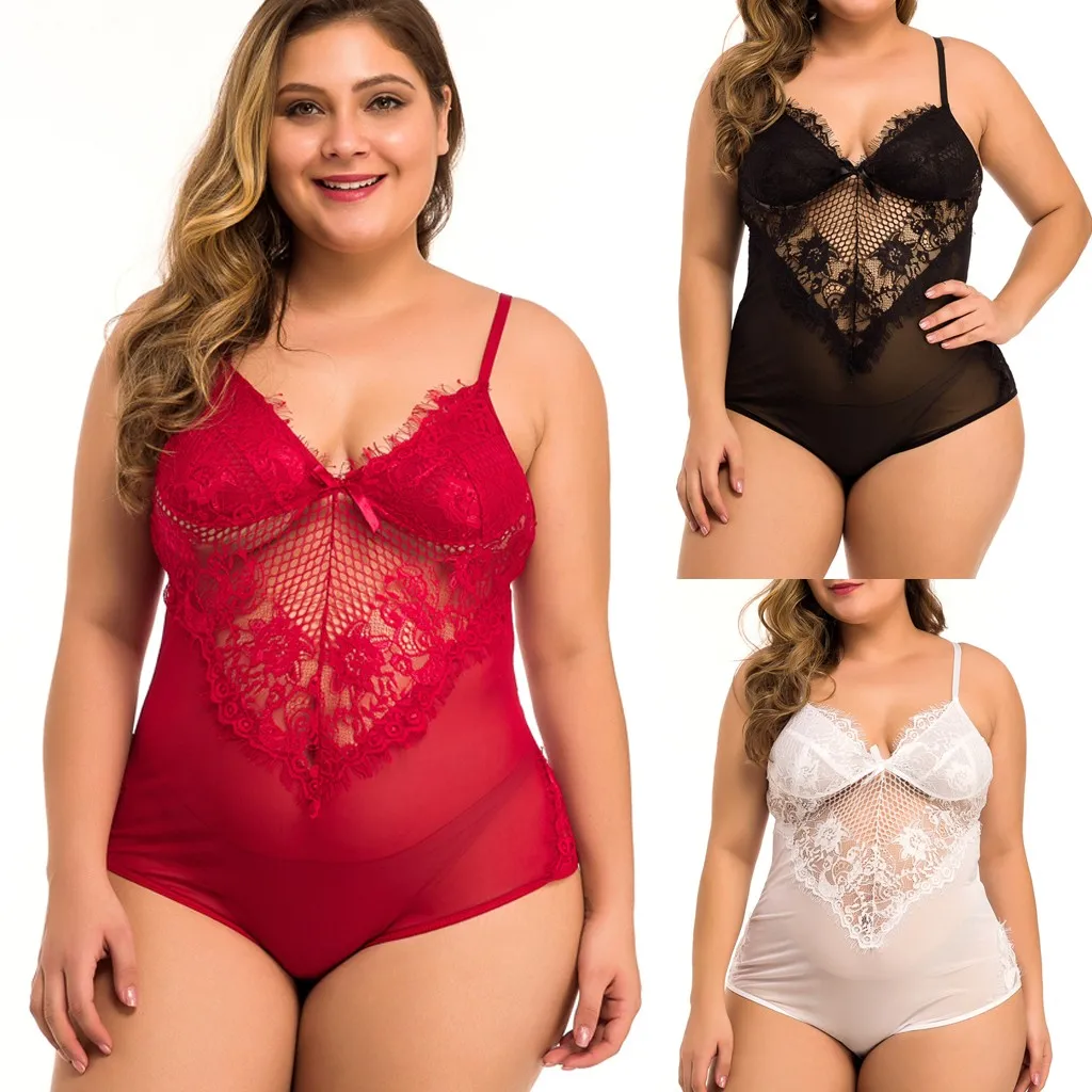 New Fashion One Piece Women Sexy Bodysuit Plus Size XXXXL Mesh Lace V-Neck Teddy Lingerie Jumpsuit Underwear Teddies Body Encaje