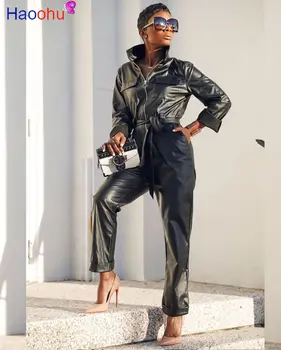 

Winter Women PU Leather Jumpsuits Full Sleeve Pockets Sashes Outfits Sexy Skinny Rompers Club Night Party One Piece