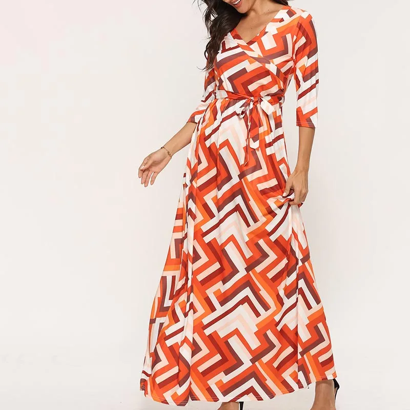Bohemian Women Long Dress Lace Up High Waist Clubwear Vestidos With Sashes V-Neck Three Quarter Sleeve Long Maxi Dress