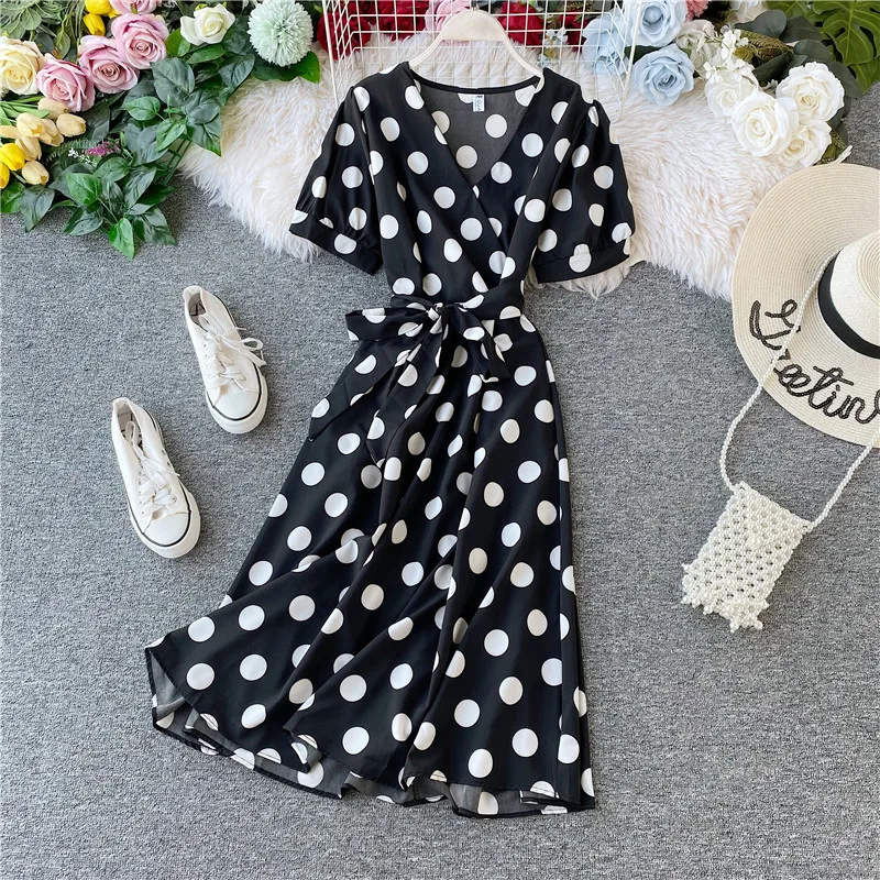 Amolapha, женское платье с v-образным вырезом, в горошек, с поясом, Vestidos, короткий рукав, сексуальные женские повседневные платья для пляжного отдыха