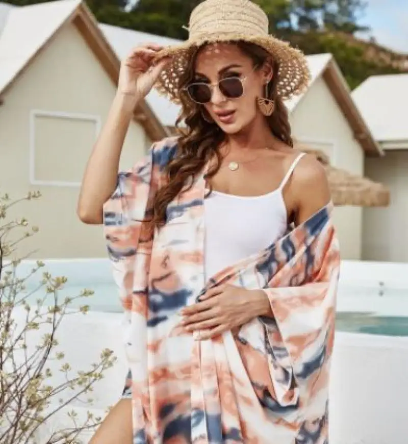 Summer bikini style women's clothing tie-dye printing pattern tassel pendant beach vacation bikini jacket blouse