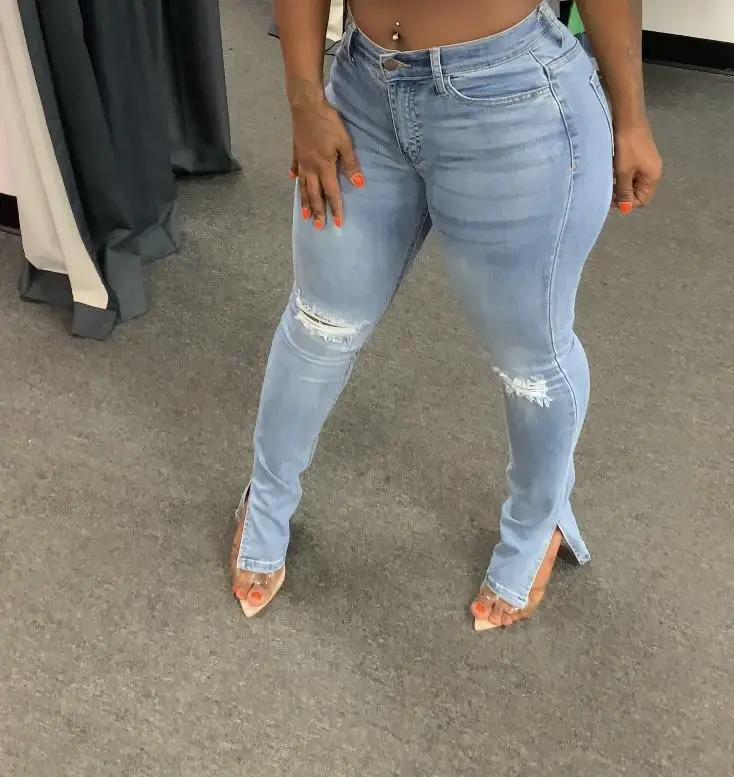 

2021 Winter Women Jeans Pants Ripped Hollow Out Skinny Long Pants Bodycon High Waist Clothes For Women Outfit