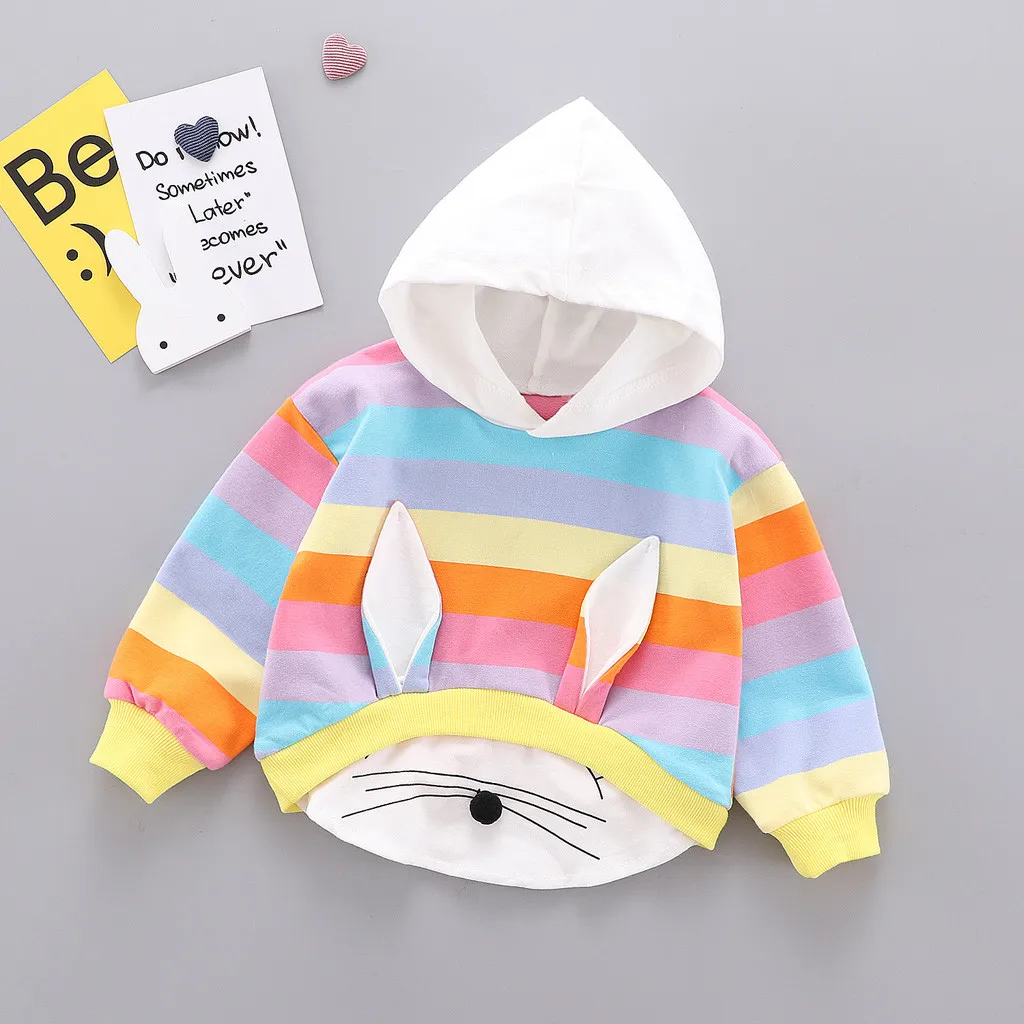 Футболка для маленьких девочек; Одежда для новорожденных; пуловер с капюшоном для маленьких мальчиков и девочек с объемным принтом «Rabbite Ear»; одежда для маленьких девочек