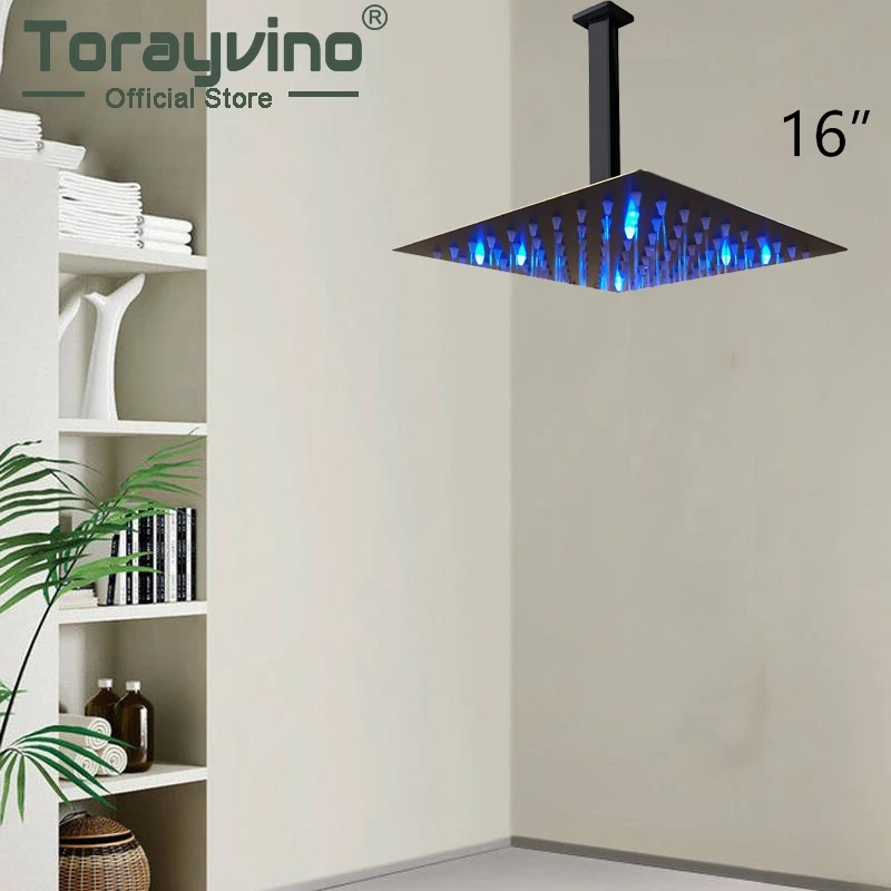 

Ванная комната Led 16 "квадратная душевая головка с трубкой набор потолочного крепления матовый черный Ducha De Colores душ Верхний дождевой спрей смеситель кран