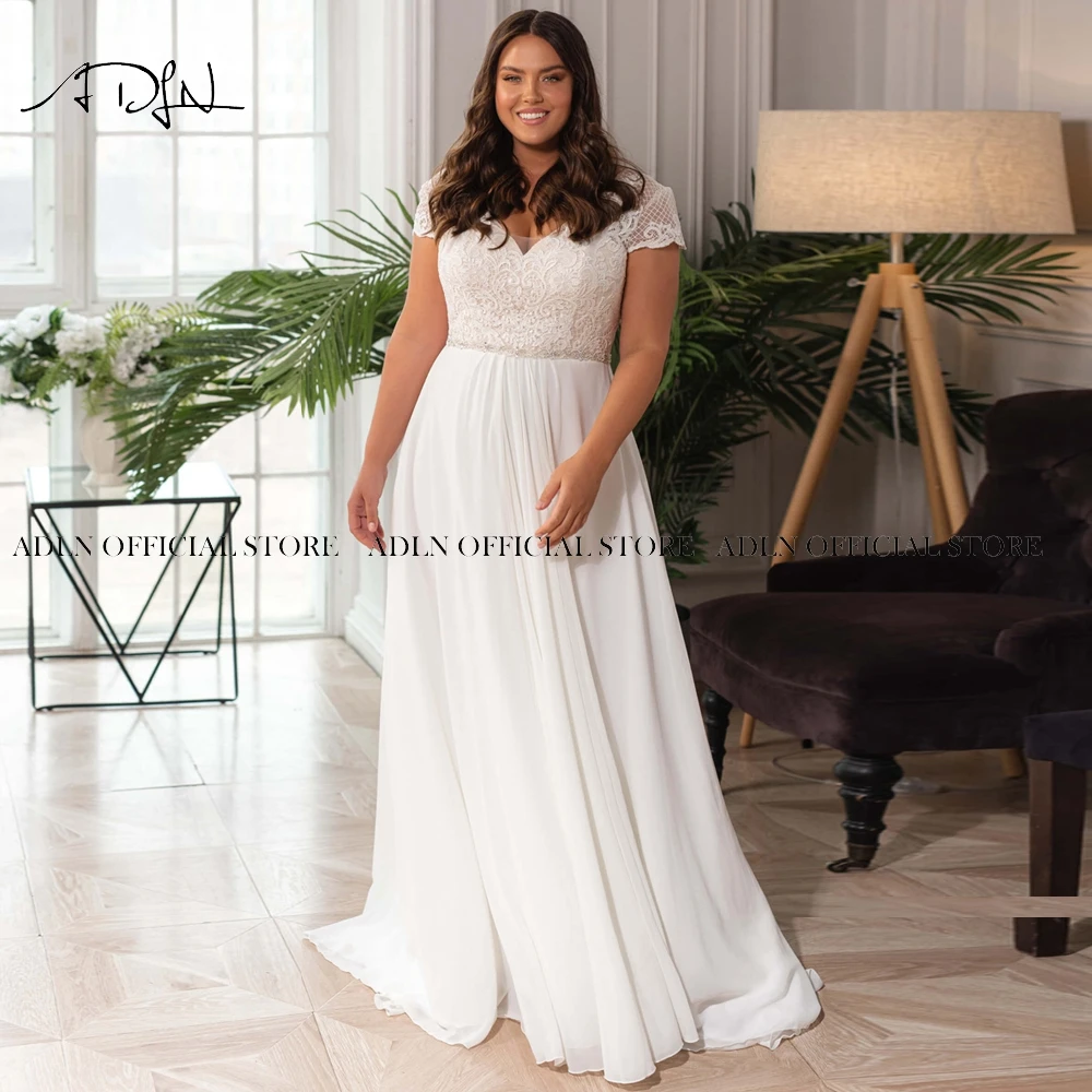 Elegant Chiffon Plus Size Wedding Dress Customized V-neck Short Sleeves Beaded Bridal Gown with Lace-up Back Robe de Mariage 4