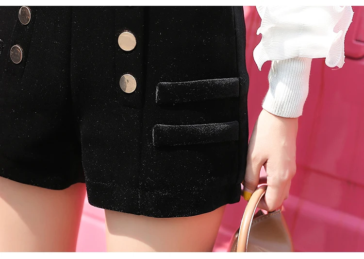 Модные корейские Бархатные шерстяные прямые шорты женские Осень Зима Короткие брюки женские двубортные Женские шорты с высокой талией