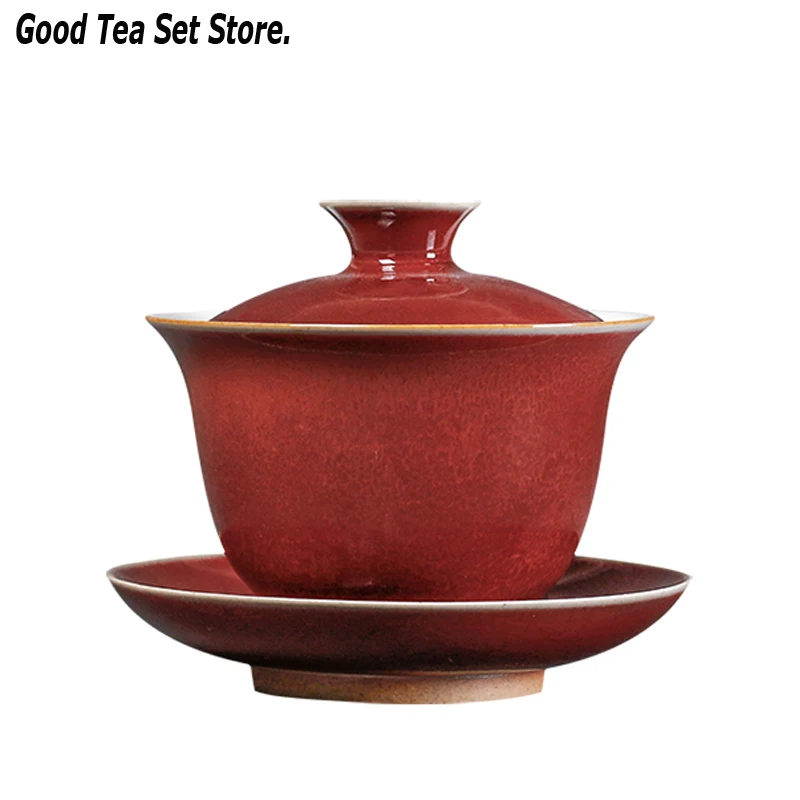 Jingdezhen Gaiwan Ceramic Cup with Lid Cover Saucer Kit Red Glaze