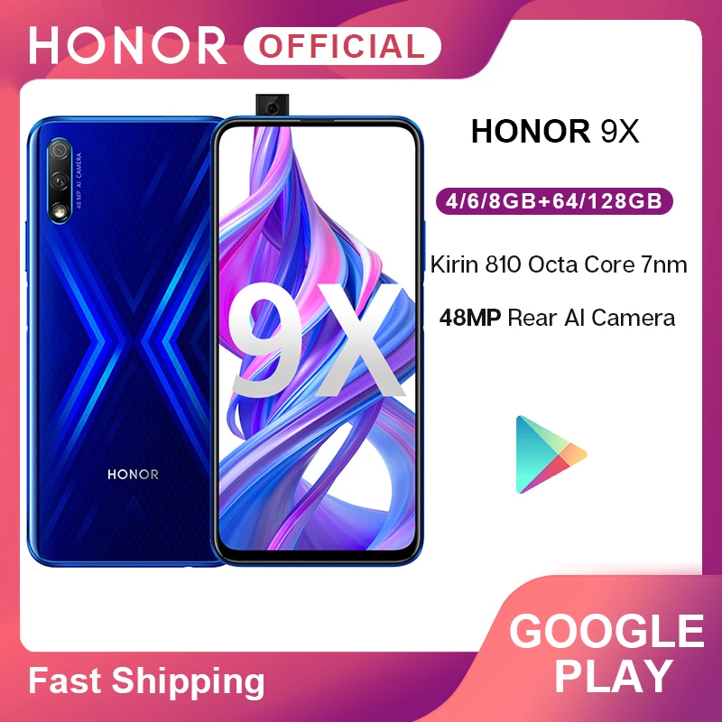 

Original Honor 9X Google Play Kirin 810 7nm Octa core Smartphone 48MP Dual Camera 6.59" Full Screen Pop-Up Front Camera