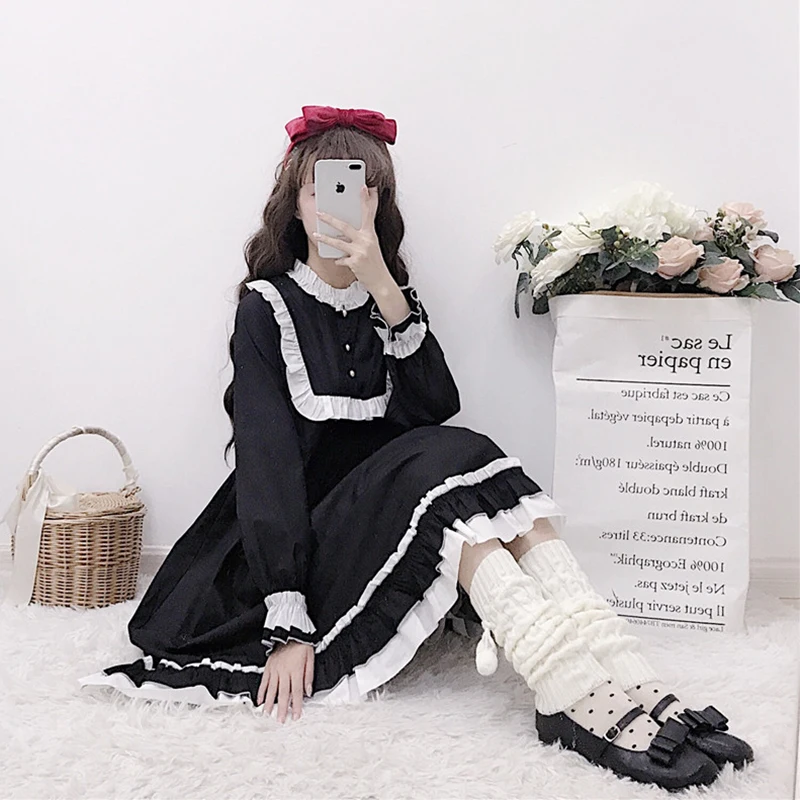 

Japanese-style soft sister daily light Lolita color panel Bell long-sleeve sweet ruffle trim long dress female spring