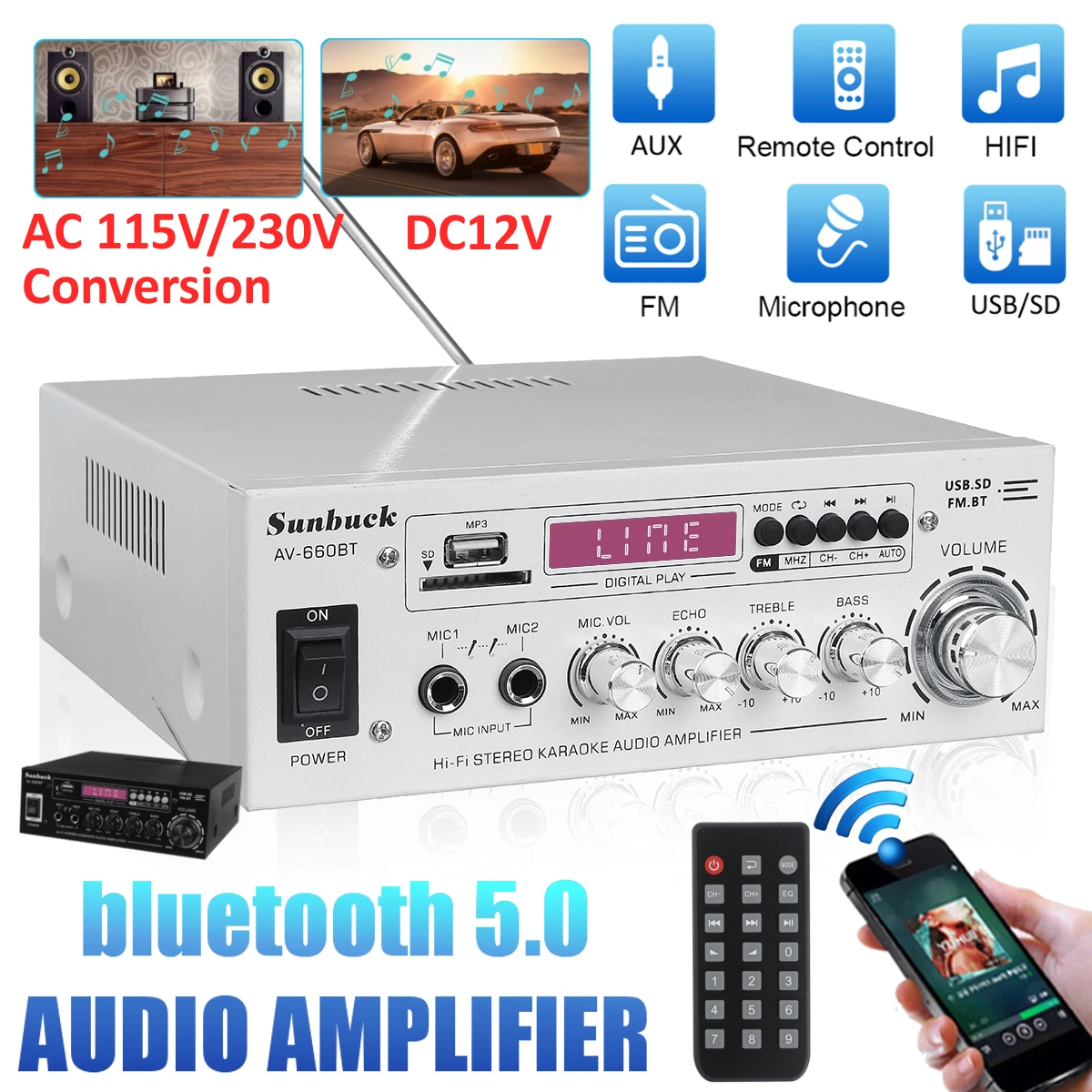 Goederen draagbaar Ik heb een contract gemaakt 800W Av Versterker 2.0 Kanaals Audio Home Theater Versterkers Dc 12V  110V/220V Ondersteuning eq Fm Sd Usb 2 Mic 5.0 Bluetooth|Versterker| -  AliExpress