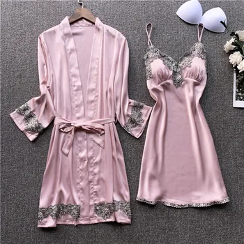 

Pink Women Stain Nighty&Robe Suit Sexy Twinset Robe Set Kimono Bathrobe Gown Silky Sleepwear Bride Bridesmaid Wedding Robe