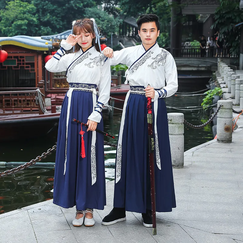

Китайское платье, корейские белые и синие платья Hanfu для мужчин и женщин, кимоно в китайском стиле для косплея с вышивкой, традиционная китайская одежда
