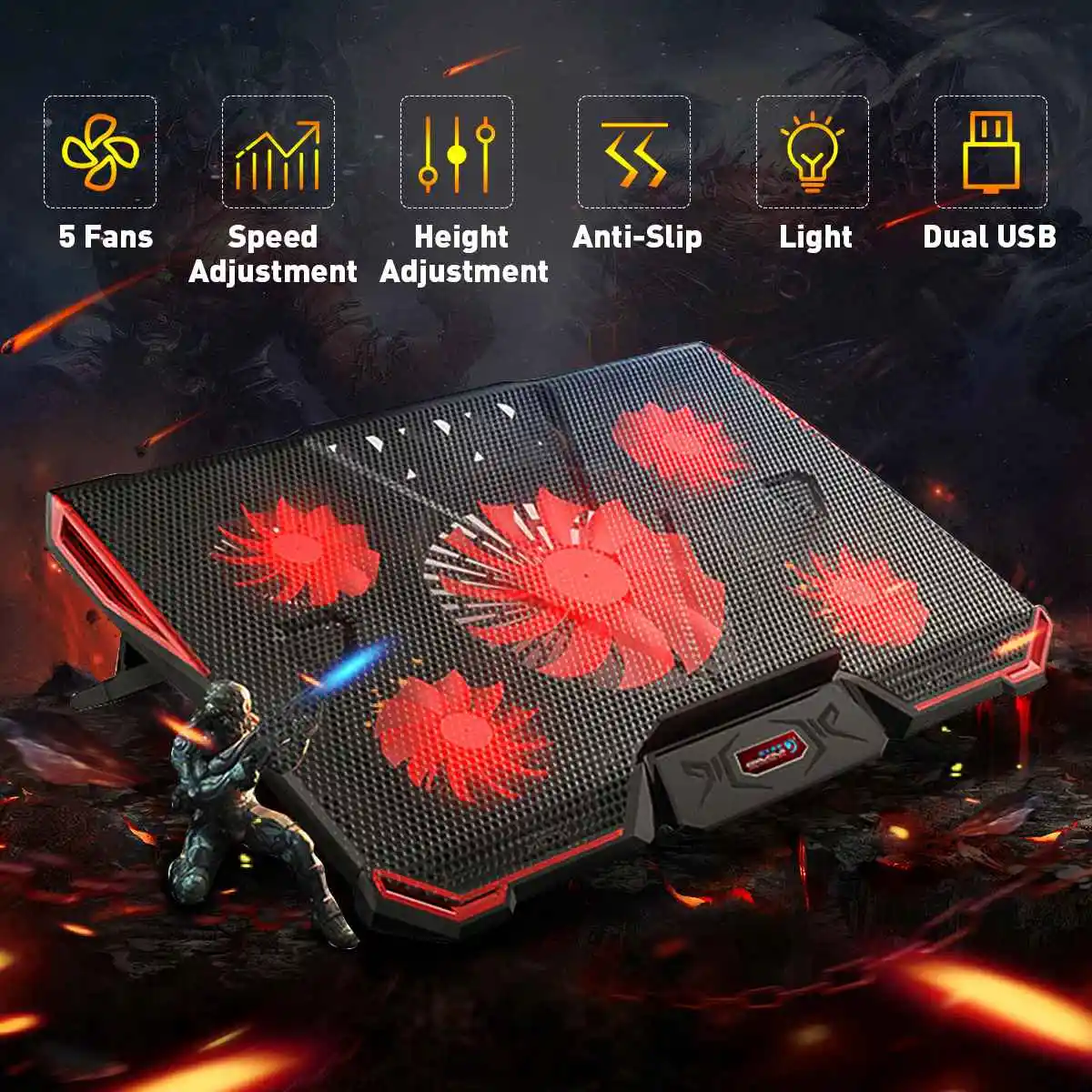 

Laptop Cooler 2 USB Ports laptop 5 Cooling Fans cooling pad Notebook Stand For 12-17 Inch For Laptop Cooling Fan With Light