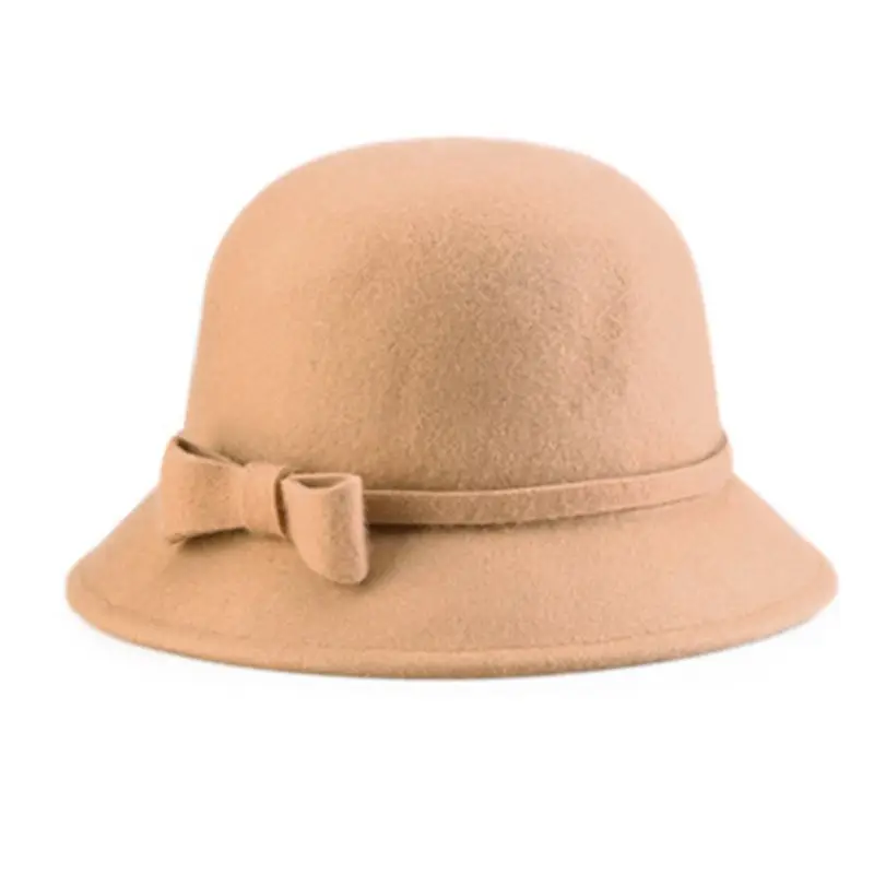 Womens 1920s Vintage Style Faux Wool Cloche Bowler Bucket Hat with Bow Accent - Цвет: 3