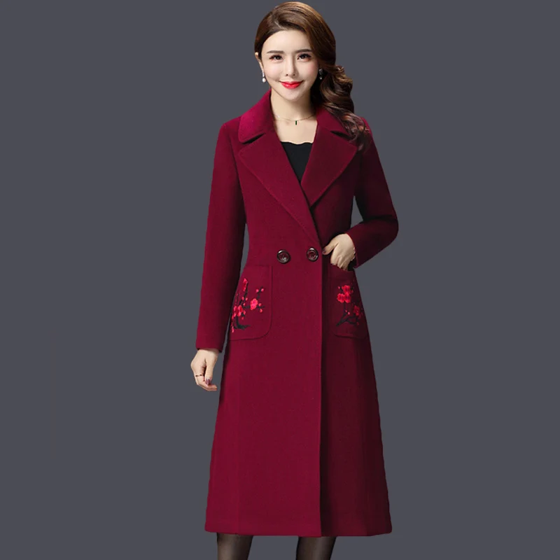 Зима Осень Женский костюм воротник двубортный винный, красный, фиолетовый вышивка длинное шерстяное пальто, тонкий 4xl шерстяные пальто для женщин