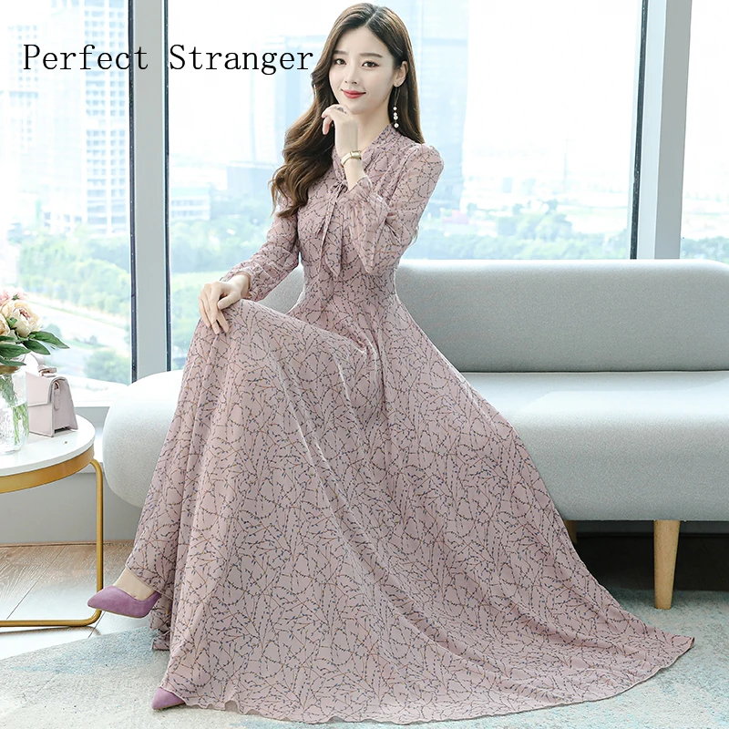 2021 S-XL Autumn New Arrival High Quality Bow Collar Flower Printed Long Sleeve Women Chiffon Dress | Женская одежда