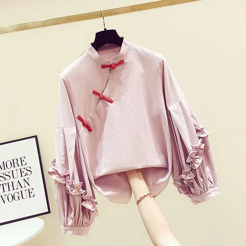 Винтажное с рукавами-фонариками Blusas Woman осень китайский стиль Стенд воротник пластина пряжка рубашка с оборками на рукавах Женские повседневные топы