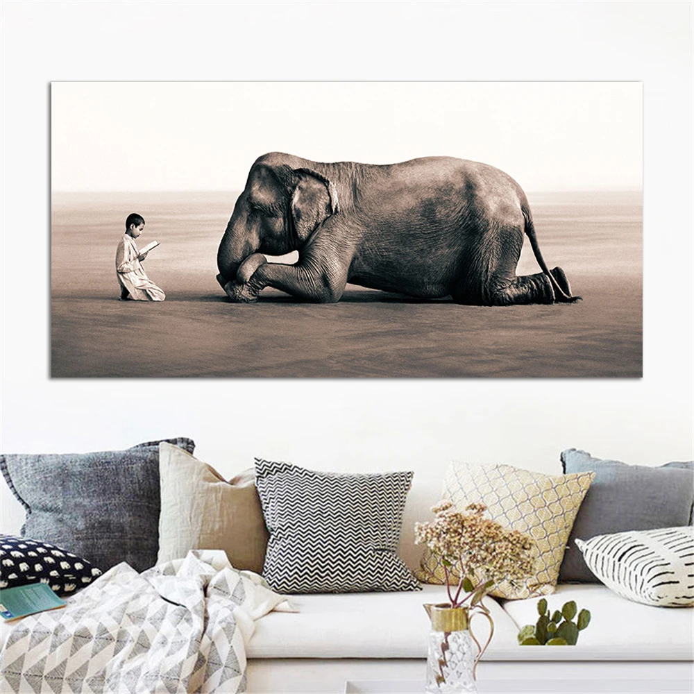 

Scandinavian style canvas painting elephant and boy posters and print wall art pictures for living room bedroom room decoration