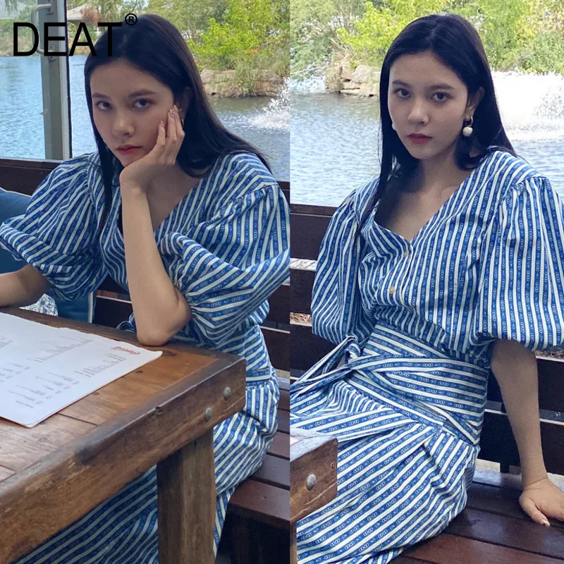 

DEAT 2020 New Lantern Striped Blue Shirt And Cross Body Long Halfbody Skirt Korean Fashion Spring And Summer Set WK99905L