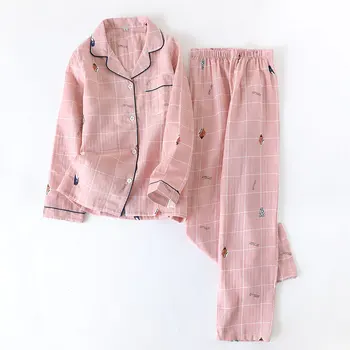 

Pure Cotton Double Gauze Couple Pajamas Suit Thin Section Breathable and Comfortable Spring and Summer Autumn Pillamas Mujer