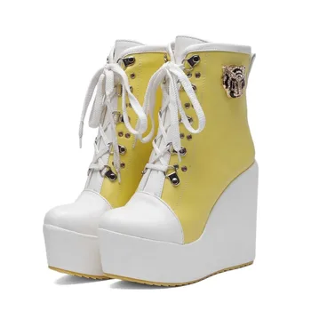 

US4-11 Womens Platform PU Leather Ankle Boots Lace Up Rhinestones Metal Decor Wedge Super High Heel Shoes 5Colors Plus Size C864