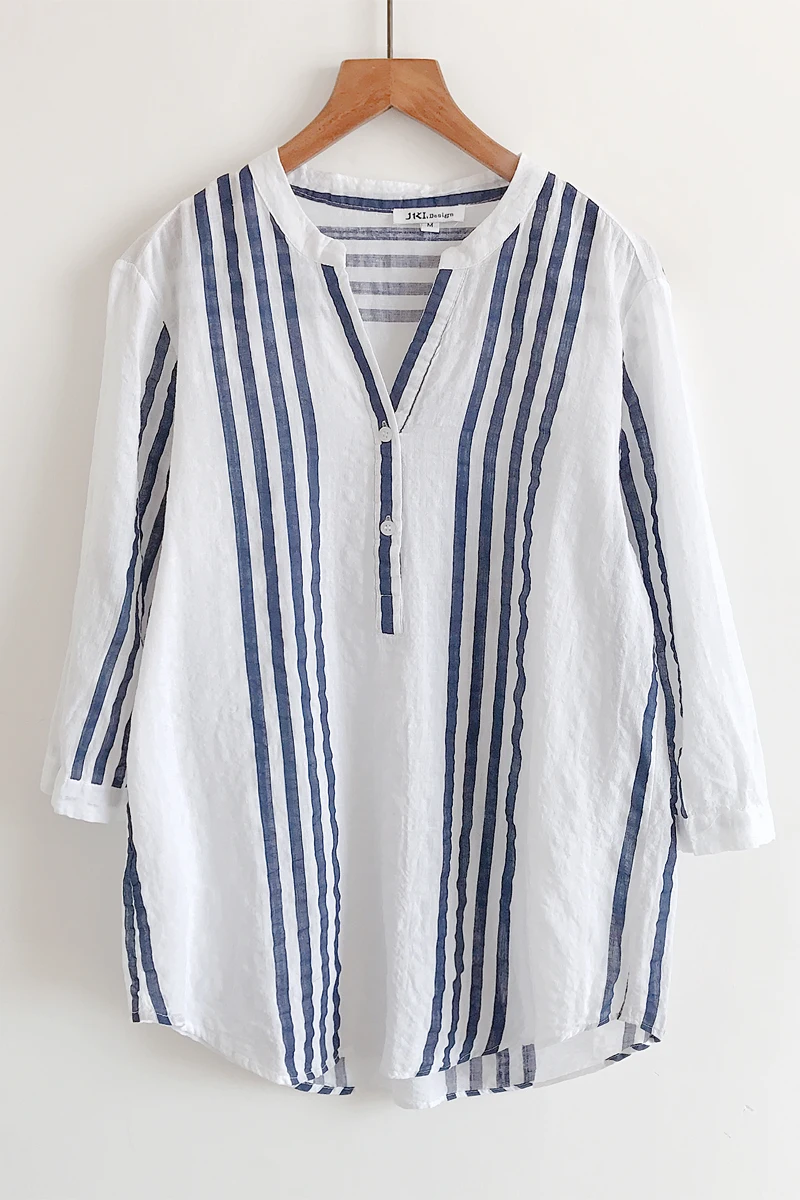 Summer Thin Section Vertical Striped Blouse Female South Korean Joker Brim Show Thin Striped Shirt 7 Minutes Of Sleeve Blouses 6