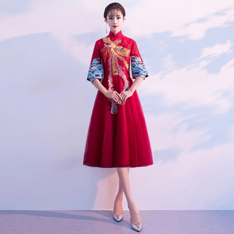 

Embroidery Phoenix Mesh Dresses Oriental Women Red Bride Wedding Dress New Long Evening Party Dress Qipao Elegant Cheongsam