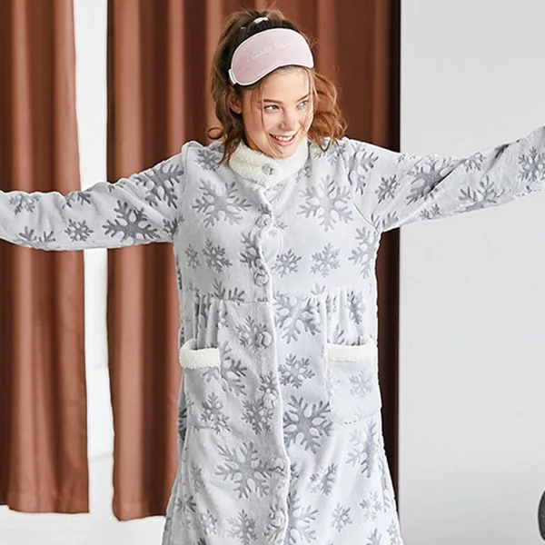 Женский зимний теплый фланелевый Халат с пуговицами и принтом снежинки, банный халат с карманами, Дамская пижама, ночная рубашка, одежда для сна, домашняя одежда