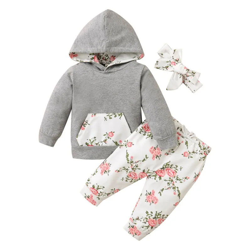 

Autumn Children Clothing Baby Girl Long Sleeve Flower Print Hoodie Sweatshirt Tops+Pants+Headband Casual Costume Set