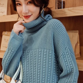 

High quality wool knitted sweater women pullover long sleeve turtleneck loose female pullover women sweaters jumpers pull femme