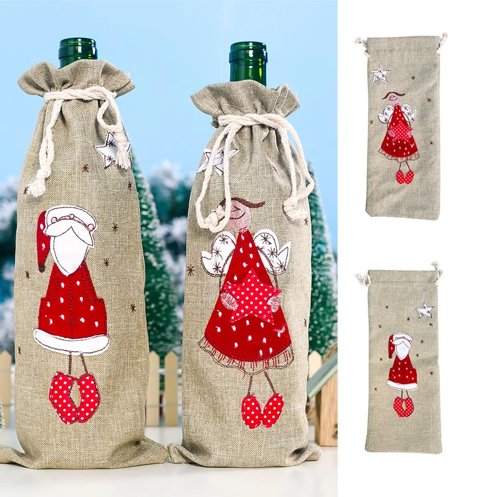 

Santa Claus Angle Wine Bottle Bag Drawstring Christmas Champagne Cover Linen Cloth Xmas Decoration Gift Wrap Pouch bottle set