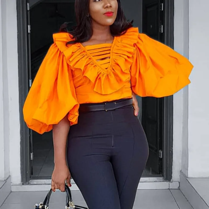 Orange Coloar Woman Top V Neck Half Sleeve Lantern Sleeve Sexy Club Wear Blouses Plus Size Blusas Mujer De Moda 2020 Verano