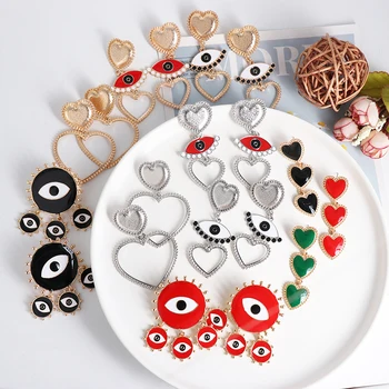 

JURAN New Fashion Metal Heart Evil Eye Big Statement Earring Punk Exaggerated Dripping Oil Evil Eye Drop Earrings Party Jewelry