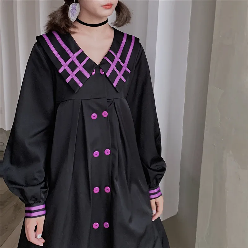 Японский харакуку осень весна женское длинное платье-рубашка с матросским воротником готический черный верхняя одежда милый каваи Винтаж миди платье для девочек