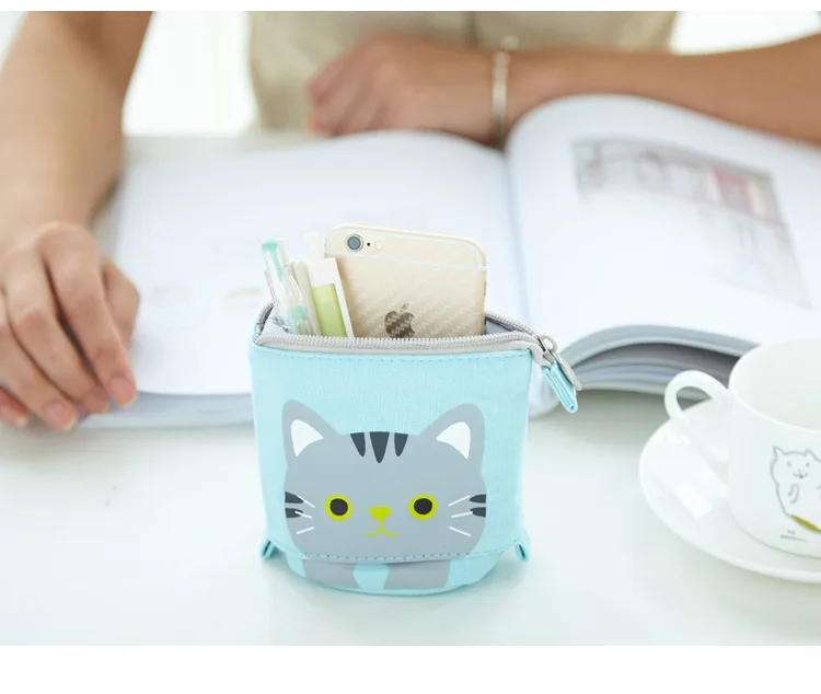 Angoo [Fun] Pen Pencil Bag Case, Cartoon Cute Cat Bear Sheep Canvas Fold Standing Holder Stationery Organizer Kids Gift A6445