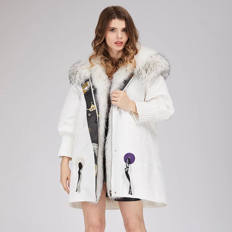 Yiwu Модные 2 цвета зимняя куртка женская енота меховой воротник из лисьего меха куртка-парка Обувь на теплом меху пальто новейший дизайн пальто - Цвет: white