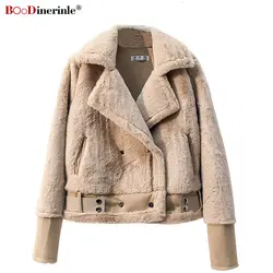 BOoDinerinle, зимняя женская куртка, женская куртка из искусственного меха, бархатная куртка с отворотом, женская теплая Толстая короткая куртка