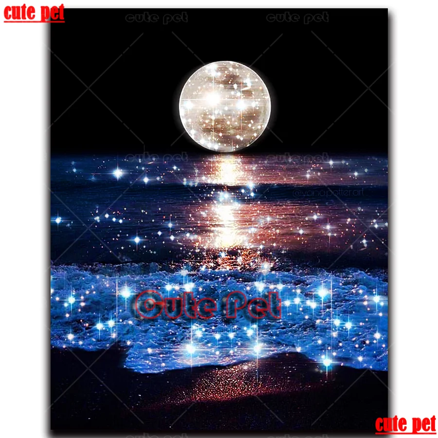 Алмазная живопись 5d сделай сам сияющая луна морские волны полноразмерное сверло