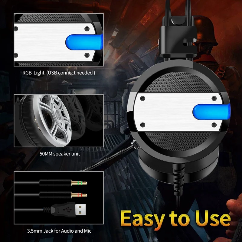 Wired Gamer Headset Deep Bass Gaming Headphones with Microphone LED Light for PC Laptop Computer