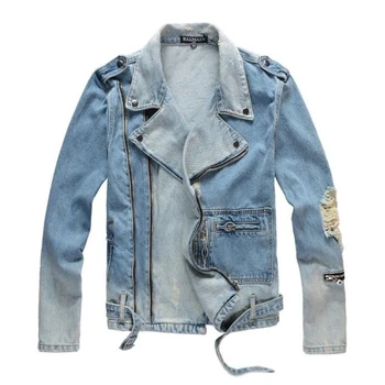 

European jacket france brand men blue denim jacket luxury men Outerwear & Coats zipper hole denim jacket for men