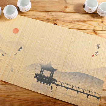 

National Slip-proof Table Mat Chinese Style Napkin Insulation Pad Hand-woven Bamboo Decorative Printing Kung Fu Tea Set Mat