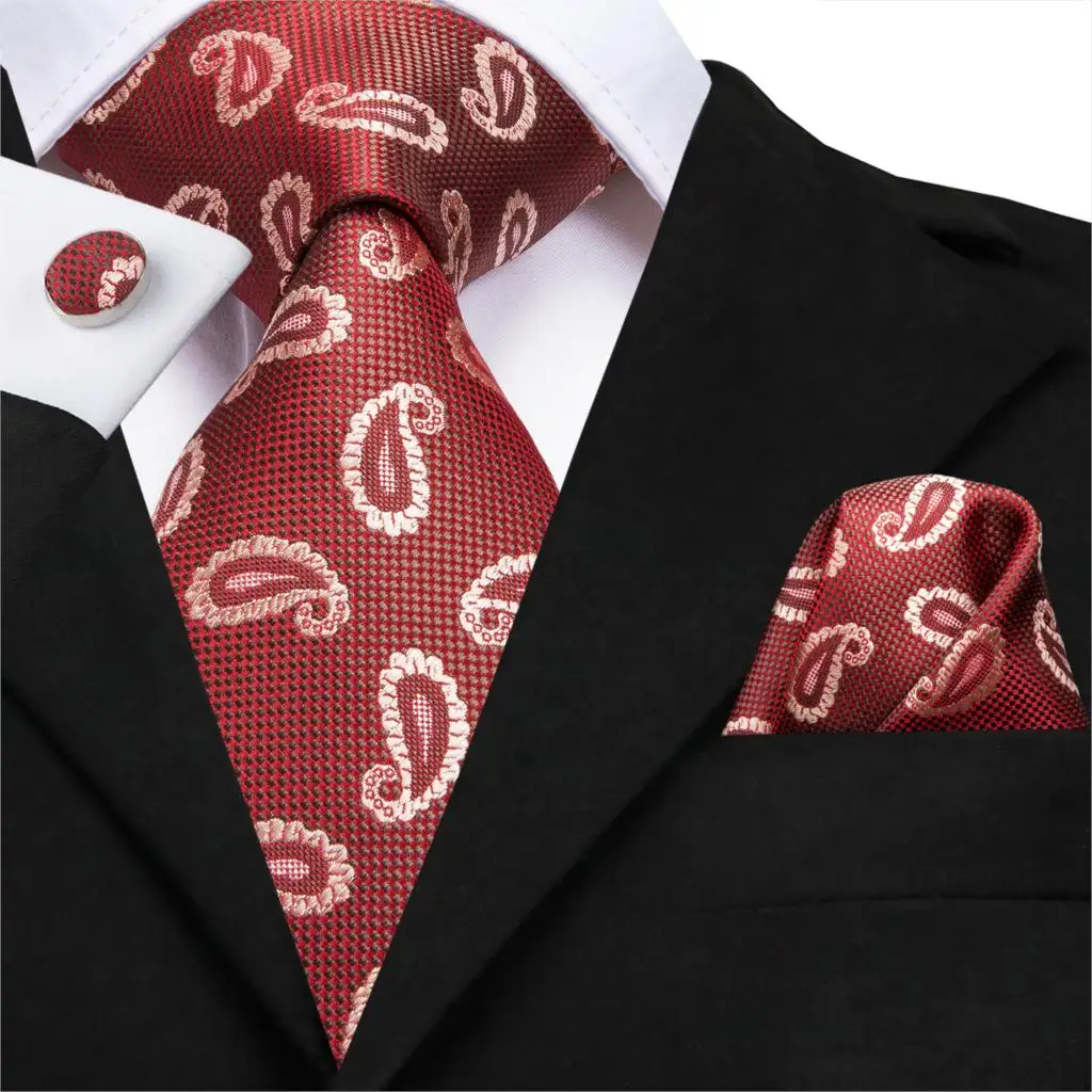 SN-3124 Hi-Tie 8.5cm Silk Men Tie Paisley Coral Red Necktie for Classic Party Wedding Pocket Square Cufflinks Luxury Set | Аксессуары