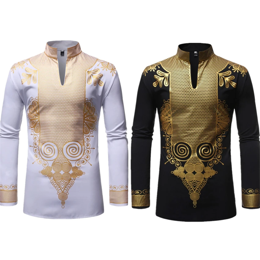 

New Men Print African Print Dresses Rich Bazin Dashiki Long Sleeve T-shirt Traditional 2019 Fashion Style Adult Blouse Clothing