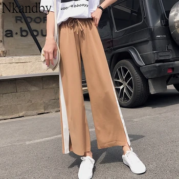 

Summer Chiffon Wide Leg Ankle Length Pants 2020 Women Fashion Loose Drawstring High Waist Side Stripe Casual Korean Trousers