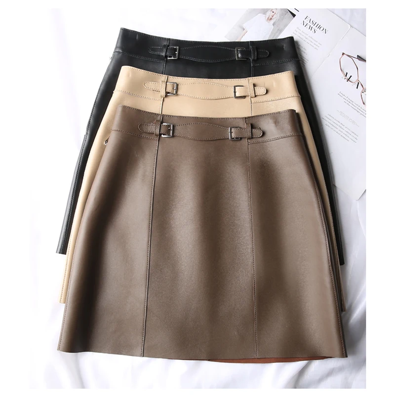 Leather Button Skirt Fashion Skirt Genuine Leather Spring Leather Skirt Korea Skirts