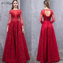 Это Yiya вечернее платье с иллюзией аппликации женские вечерние платья с круглым вырезом три четверти трапециевидной формы длина до пола Robe De Soiree V149